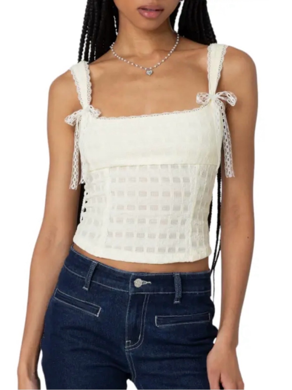 Edikted Lace-Trim Square Neck Cream Crop Top